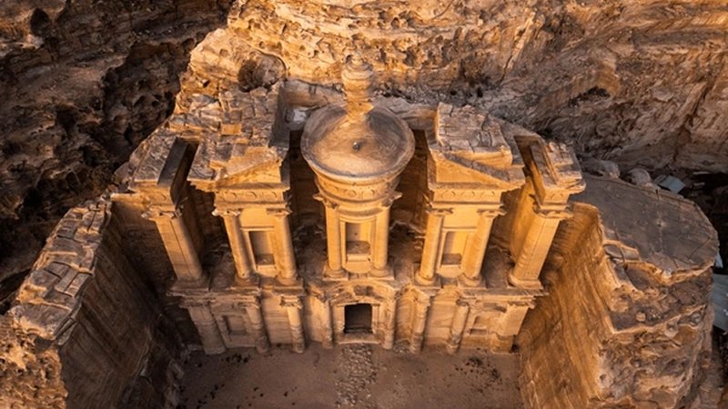 Panoramic view of Petra Jordan - the Rose-Red City carved into sandstone mountains
